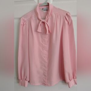 Womens Elegant Asperation Pink Button Up Blouse with Bow Tie